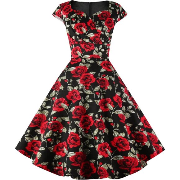 Women Black Cap Sleeve 1950s Retro Vintage Cocktail Swing Dresses with Pocket - Picture 2 of 4